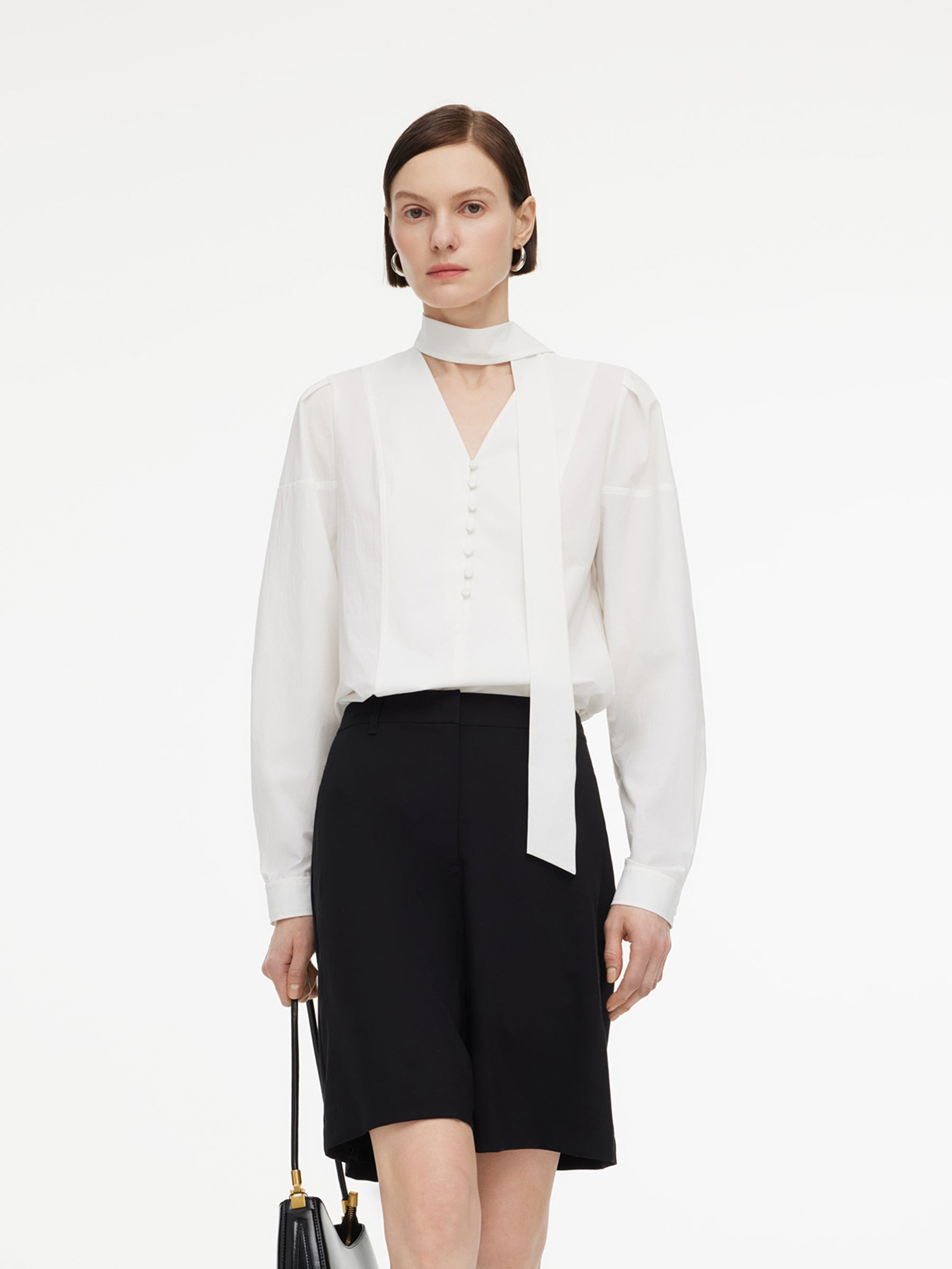 V-Neck Long Sleeve Women Blouse With Ribbon GOELIA