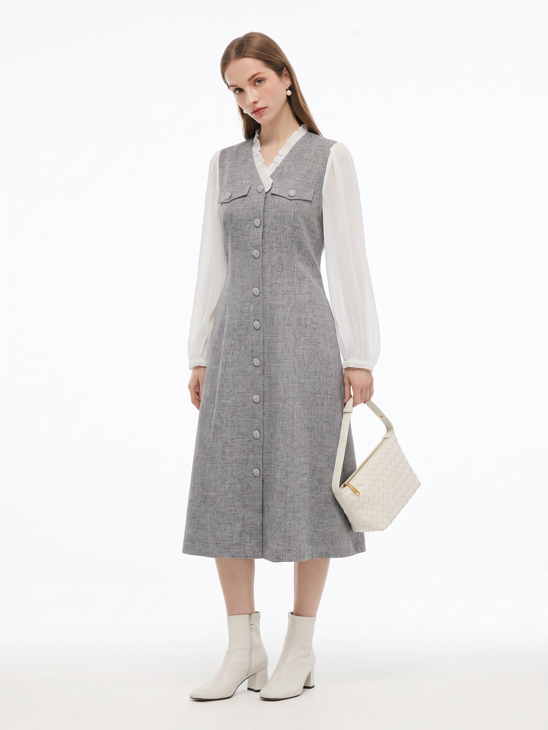 Tweed Ruffle V-Neck Women Long Sleeve Maxi Dress GOELIA