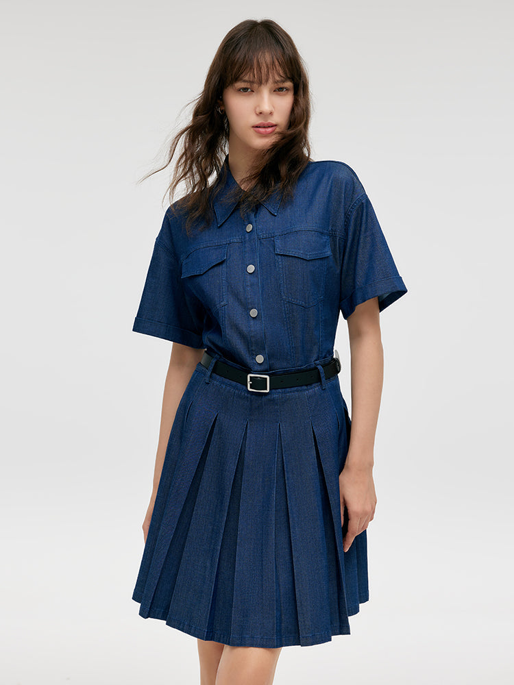 Double-Layer Denim Women Mini Dress With Belt GOELIA