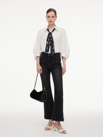 [Preview] 100% Cotton 3/4 Sleeve Women Shirt With Ribbon Print Silky Scarf GOELIA