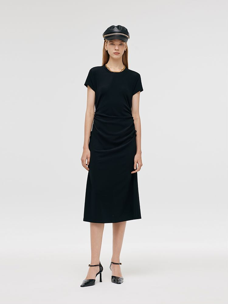 Round Neck Drawstring Waist Women Midi Dress GOELIA