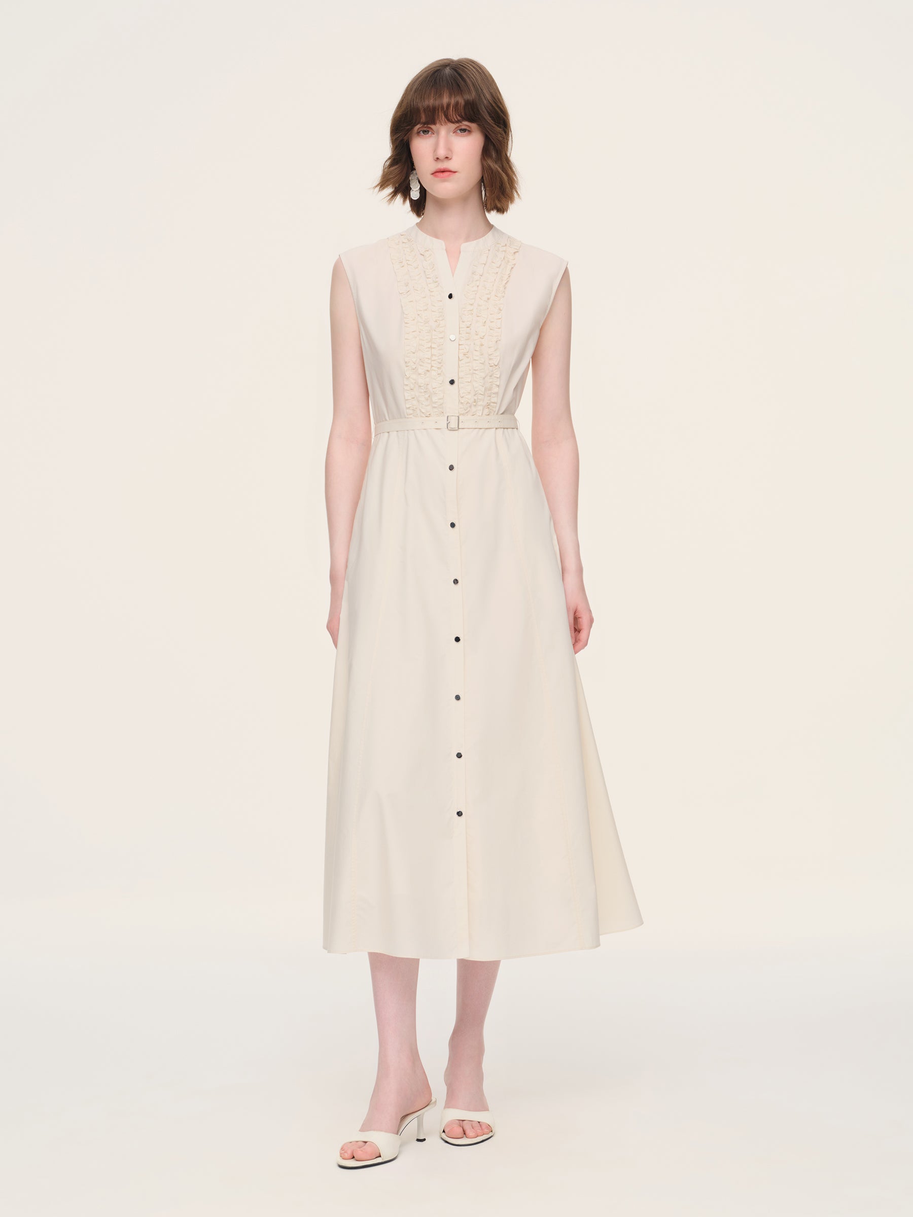 100% Cotton Gather-waisted Women Sleeveless Maxi Dress With Two Belts GOELIA