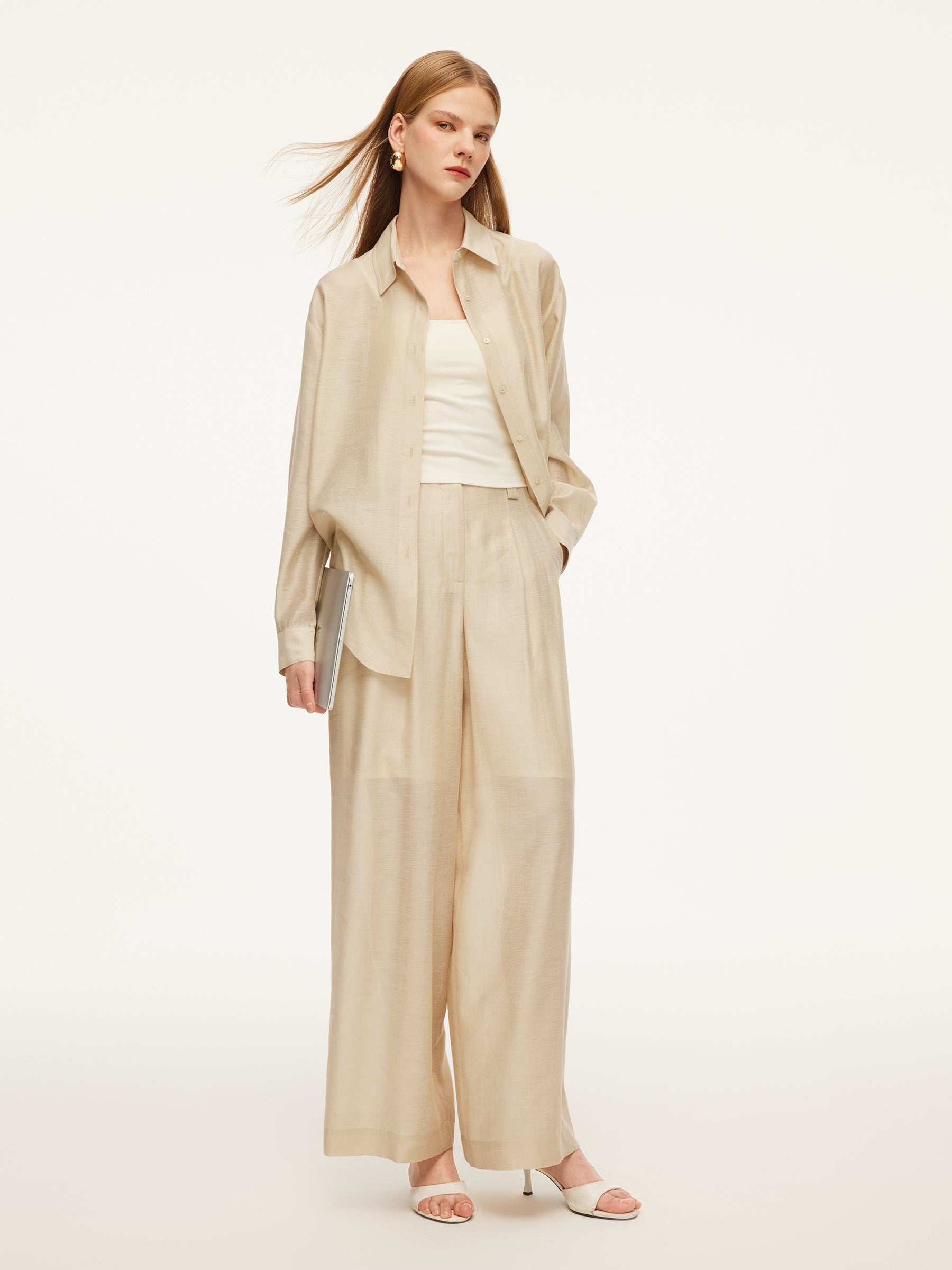 Tencel Acetate Linen Blend Women Straight Leg Pants GOELIA