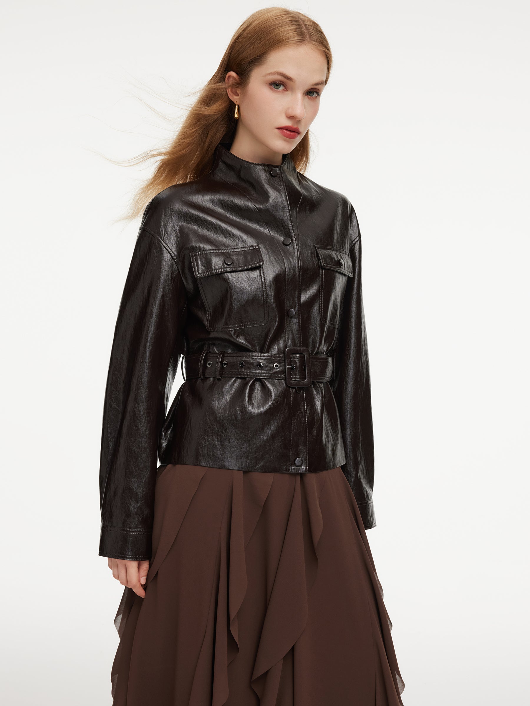 PU Leather Stand Collar Wind-Proof Women Belted Jacket GOELIA