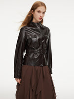 PU Leather Stand Collar Wind-Proof Women Belted Jacket GOELIA