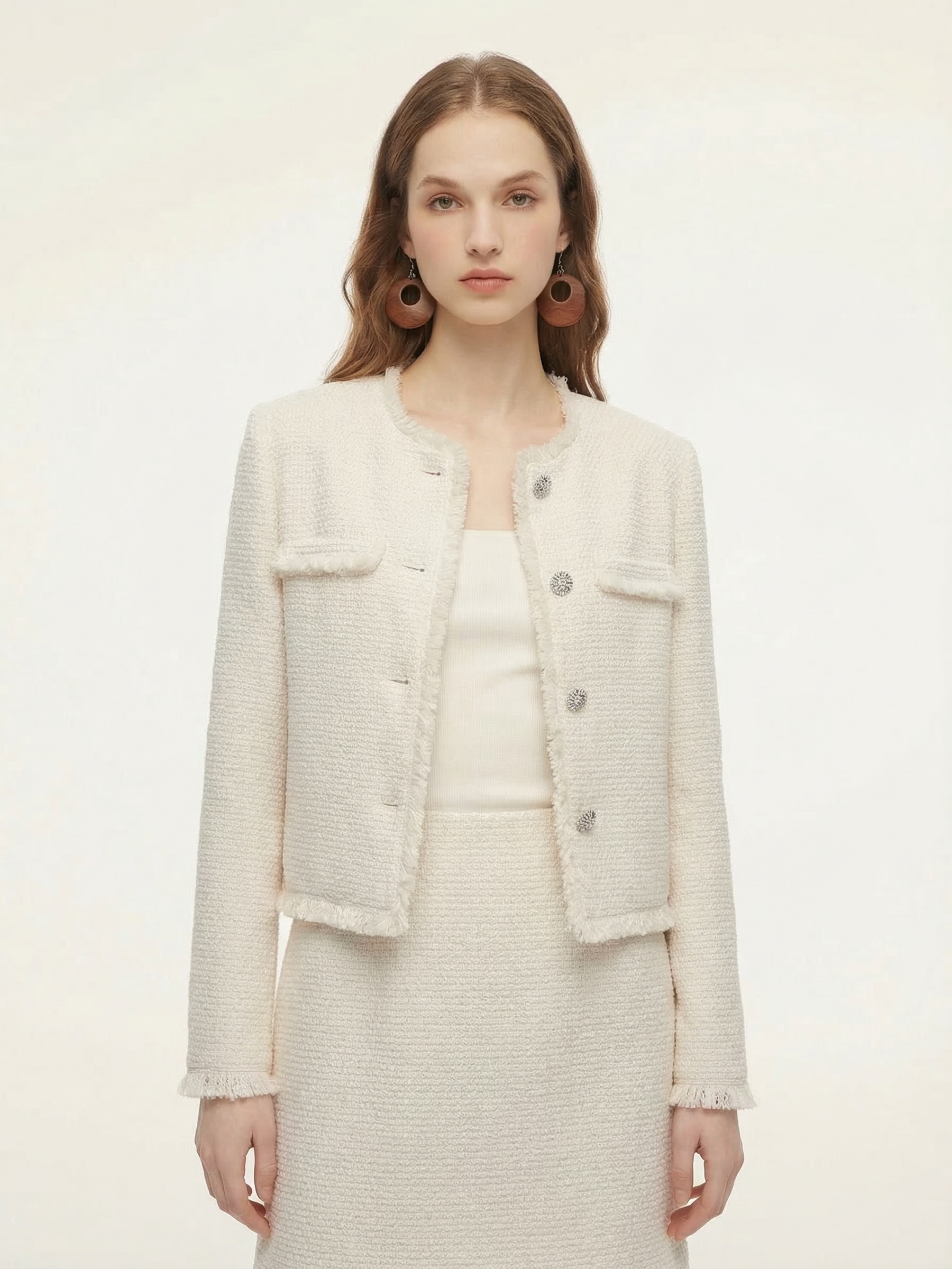 Wool Blend Tweed Fringe Trim Women Jacket GOELIA