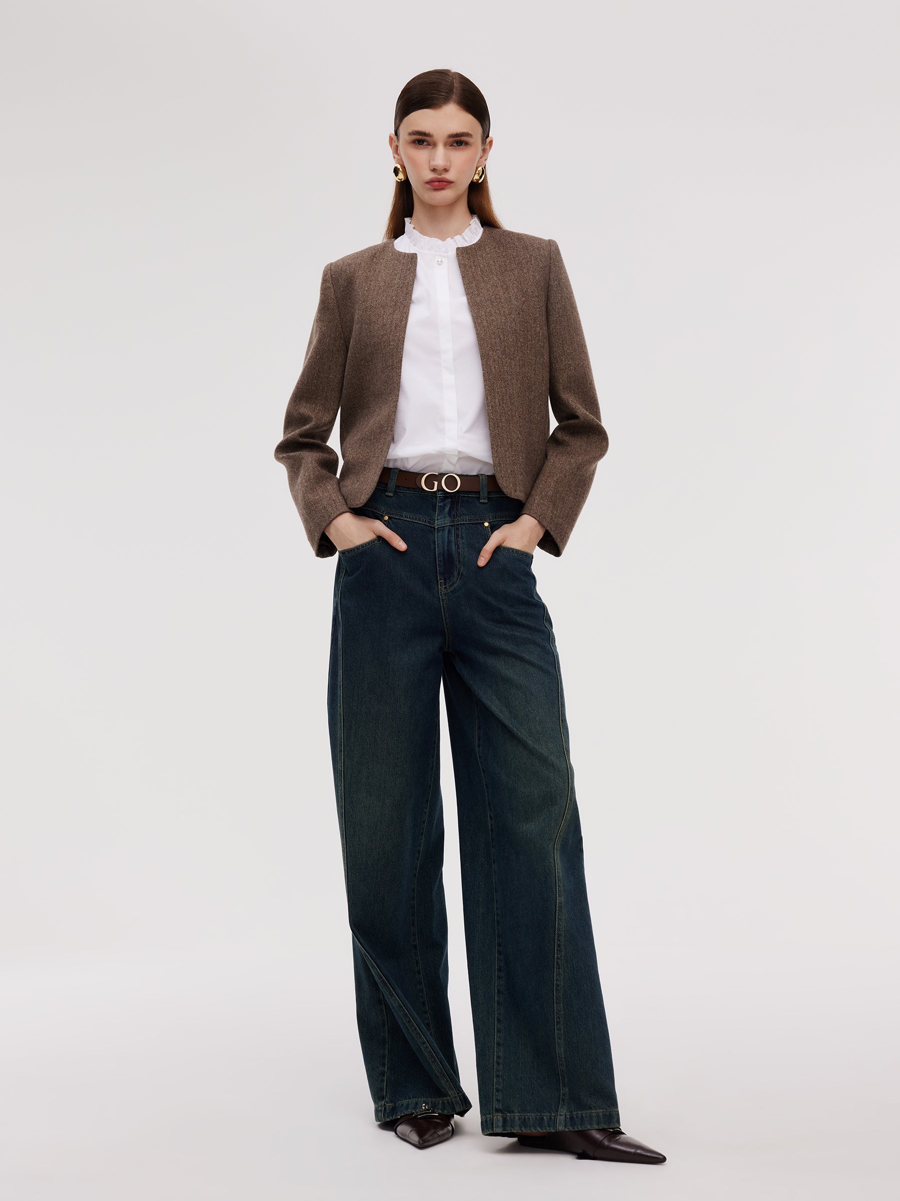 Washable Wool Round Neck Straight Fit Women Jacket GOELIA