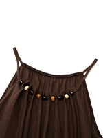 100% Linen Beaded Neck Women Strap Maxi Dress With Tie String Belt GOELIA