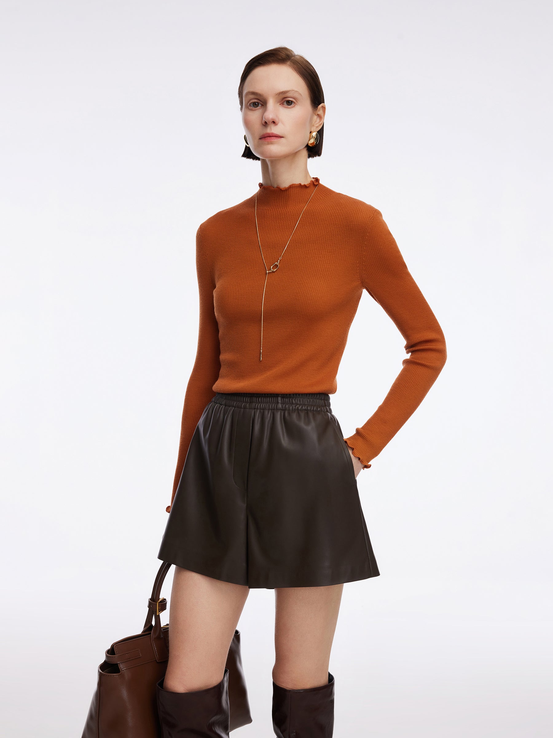100% Machine Washable Wool Ruffle Mock Neck Women Knit Top GOELIA