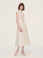 100% Cotton Gather-waisted Women Sleeveless Maxi Dress With Two Belts GOELIA