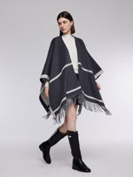 Cashmere Wool Contrast Border Fringed Poncho GOELIA