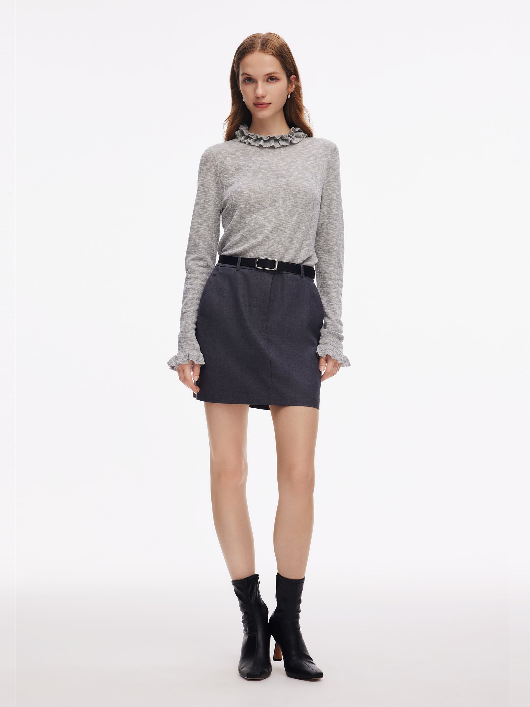 Ruffle Neckline Women Knit Top GOELIA