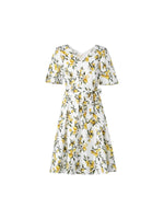 Cotton Lemon Print V-Neck Women Belted Midi Dress GOELIA