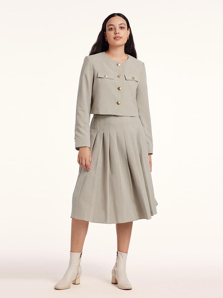 College Style Short Jacket And Pleated Long Skirt Two-Piece Set GOELIA