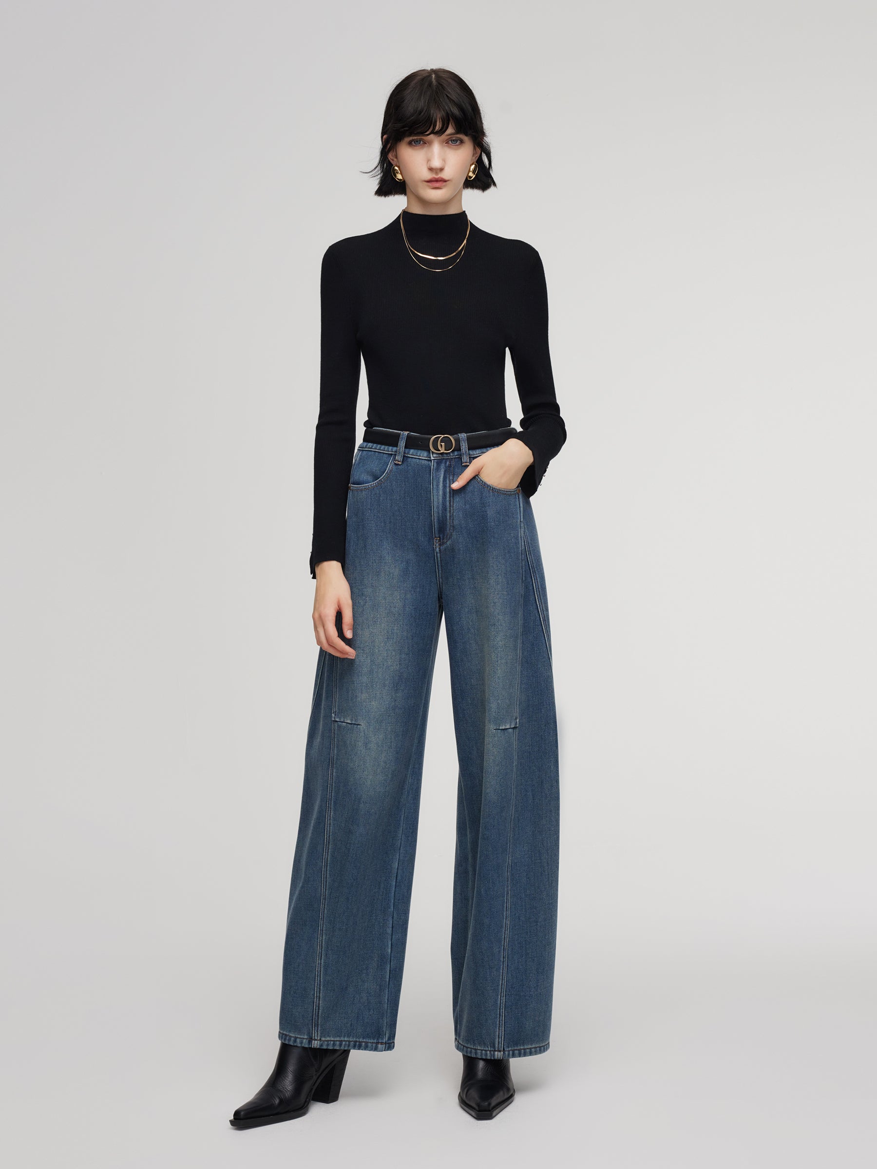 100% Machine Washable Wool Beaded Cuffs Women Mock Neck Knit Top GOELIA