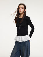 Ruffle Hem Long Sleeve Women Knit T-Shirt GOELIA