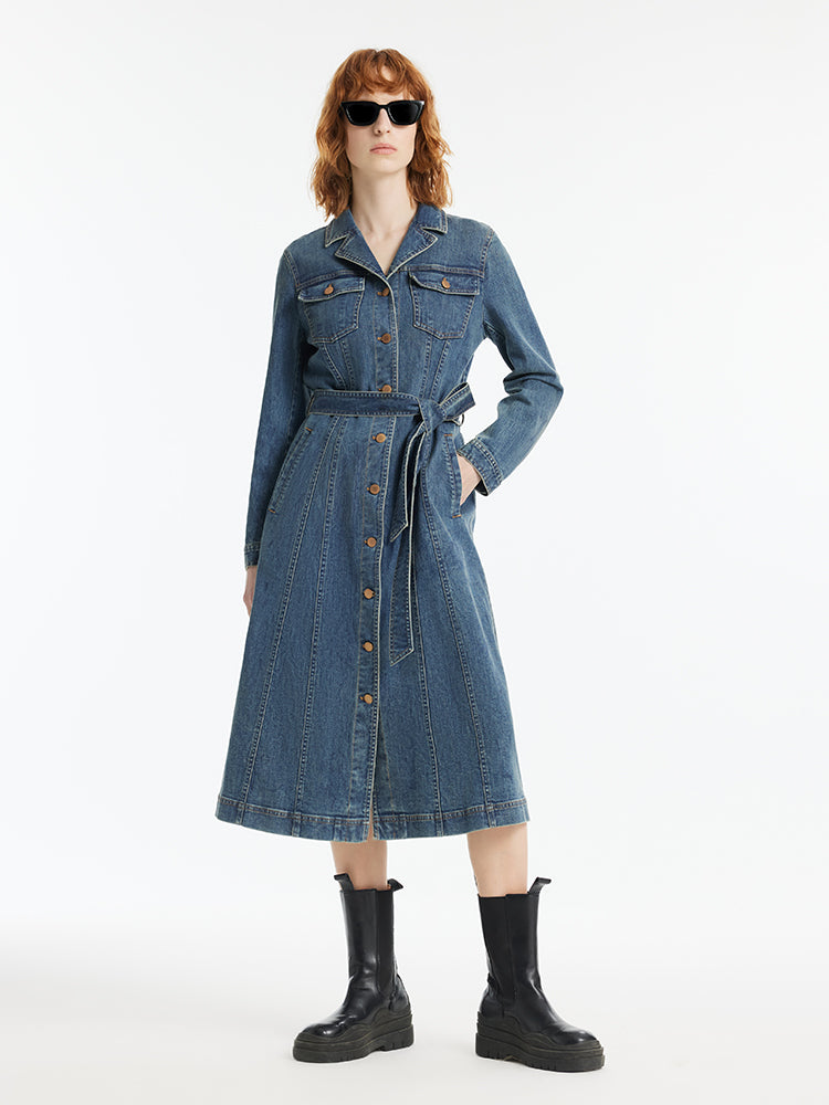 Denim Lapel Single-Breasted Women Midi Dress With Belt GOELIA