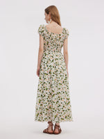 Acetate Blend Floral Print Adjustable Drawstring Neckline Women Maxi Dress GOELIA