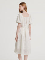Square Neck Embroidered Midi Dress With Belt GOELIA