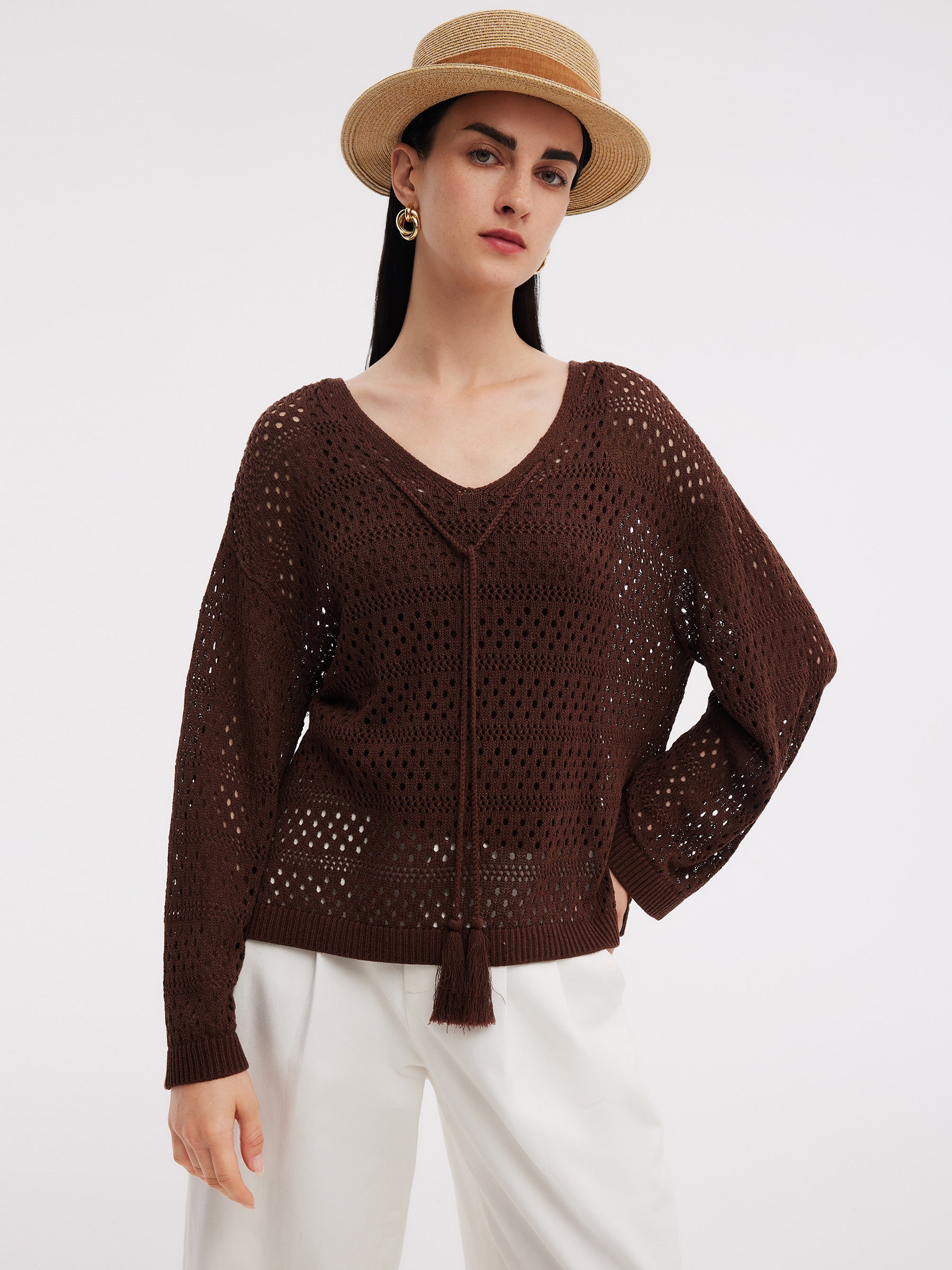 Linen Blend Openwork Pullover And Knit Tank Two-Piece Set GOELIA