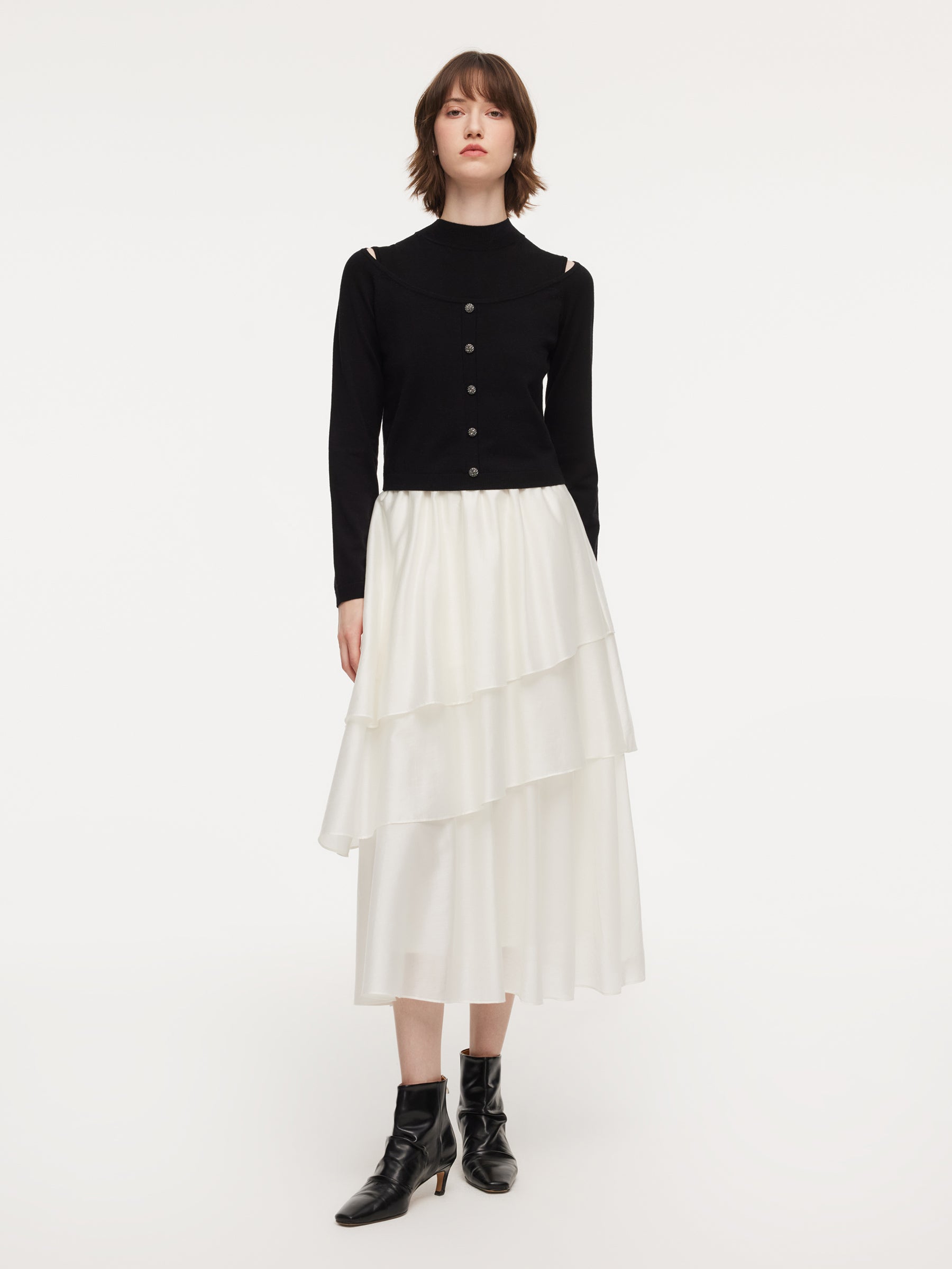 Lyocell Wool Blend Off Shoulder Knit Top And Sleeveless Tiered Dress Two-Piece Set GOELIA