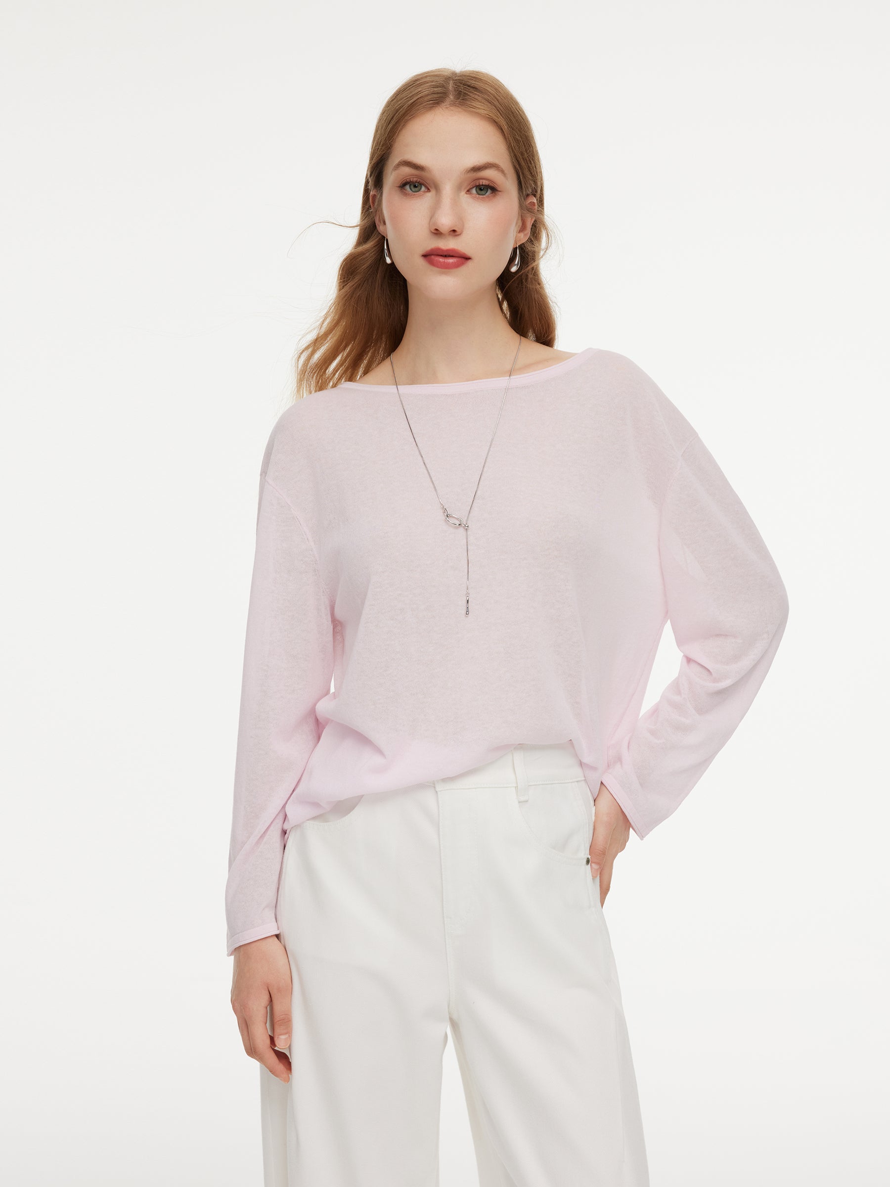 Triacetate Linen Cotton Blend Boat Neck Women Lightweight Knit Top GOELIA