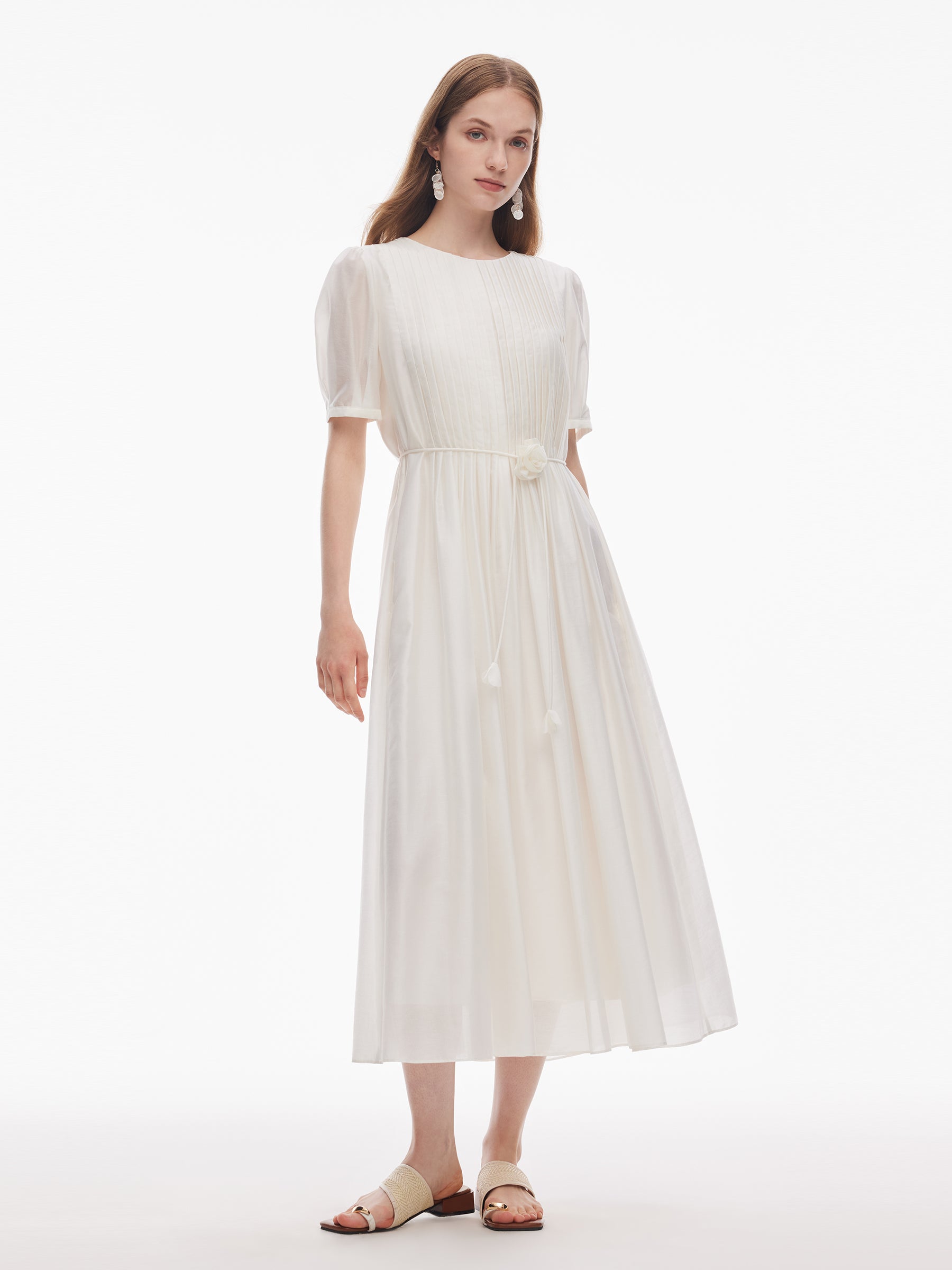 Tencel Blend Pleated Women Loose A-Line Maxi Dress GOELIA