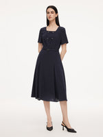 [Preview] Triacetate Blend Square Neck Women Midi Dress With Belt GOELIA