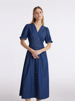 Gathered Waist Denim Women Midi Dress GOELIA
