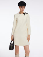 100% Wool Contrast Trim Neck A-Line Women Mini Dress GOELIA