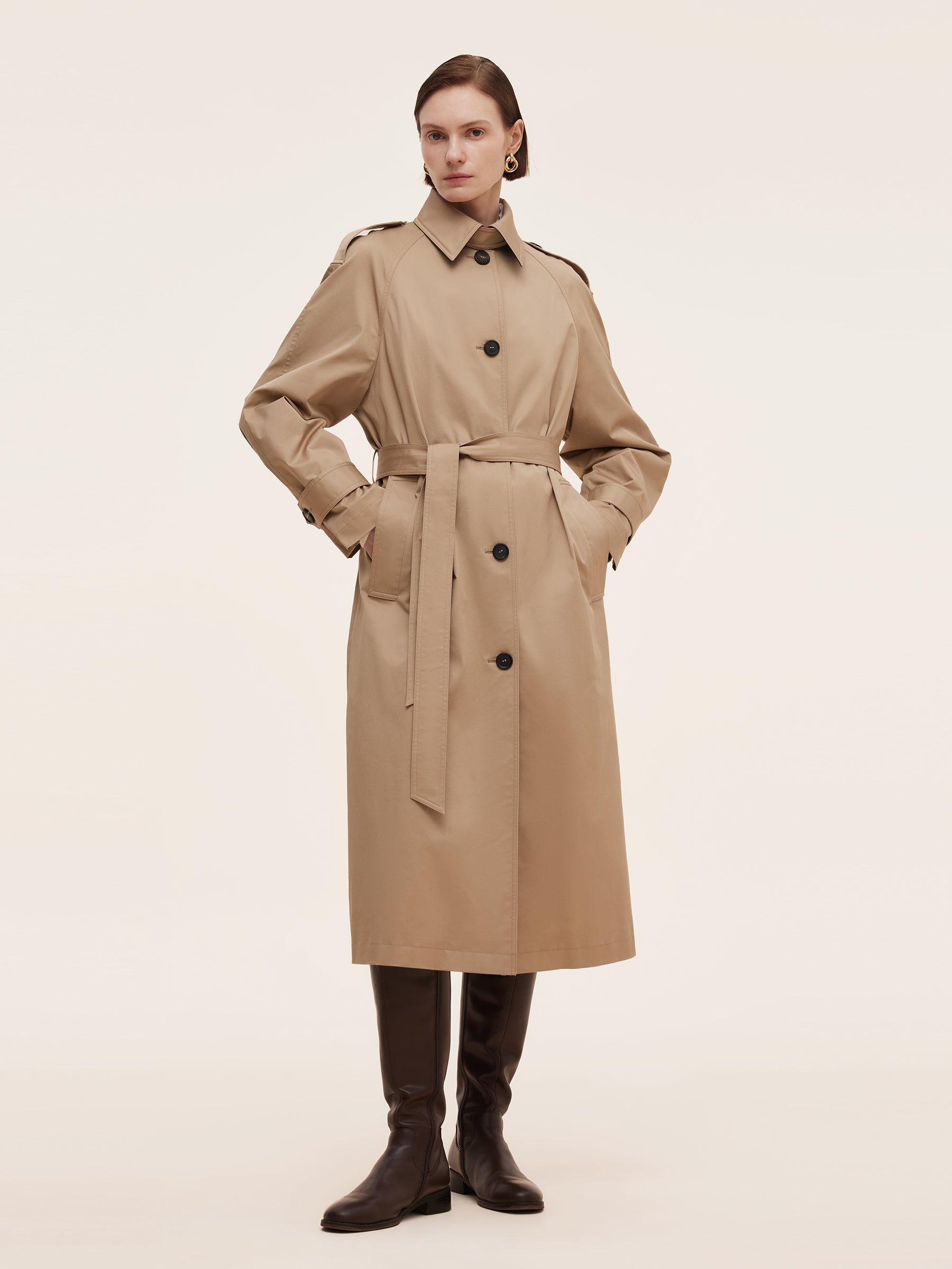 Cotton Self-Tie Belt Women Long Trench Coat GOELIA