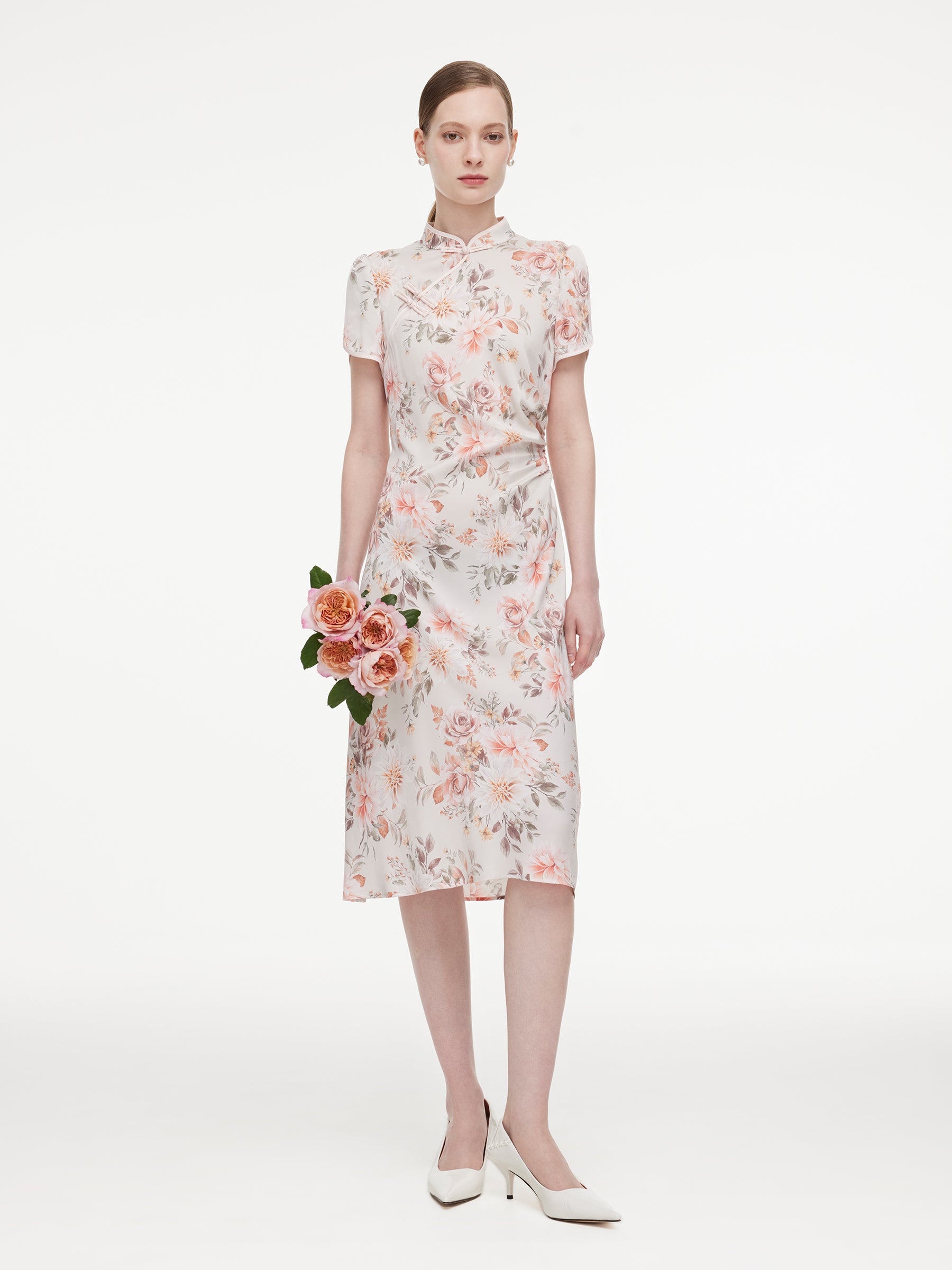 19MM Mulberry Silk Floral Print Women Qipao Midi Dress GOELIA