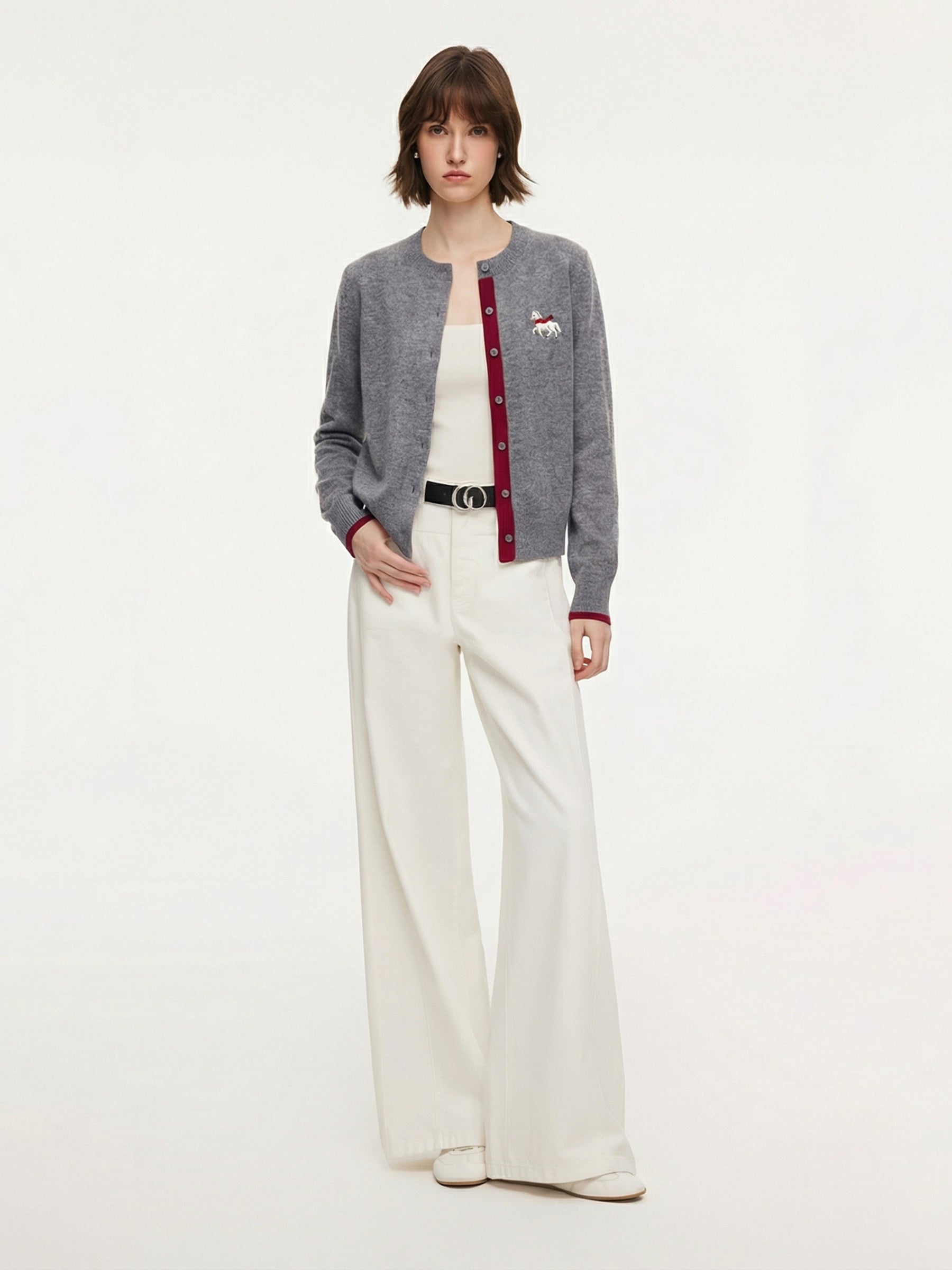 100% Wool Color Block Horse Embroidered Women Cardigan GOELIA