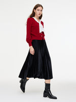 Knit Top And Velvet Pleated Skirt Two-Piece Set With Detachable Ribbon GOELIA