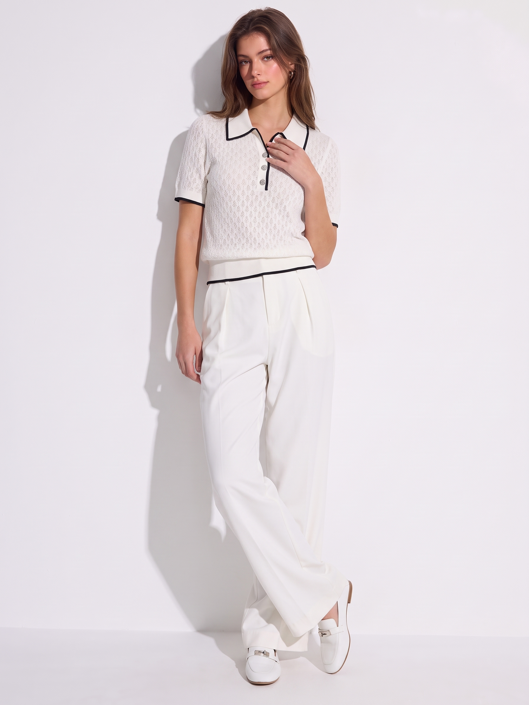Lyocell Blend Contrast Trim Women Pointelle Polo Knit Top GOELIA
