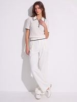 Lyocell Blend Contrast Trim Women Pointelle Polo Knit Top GOELIA