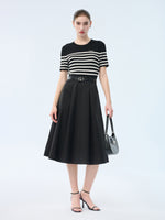 Lyocell Blend Stripe Patchwork Women Midi Dress With Belt GOELIA