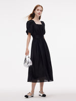 Tencel Blend Square Neck Women Puff Sleeve Maxi Dress GOELIA