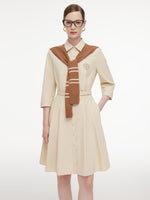 Cotton Letter Embroidered Women Belted Midi Shirt Dress With Detachable Sailor Collar GOELIA