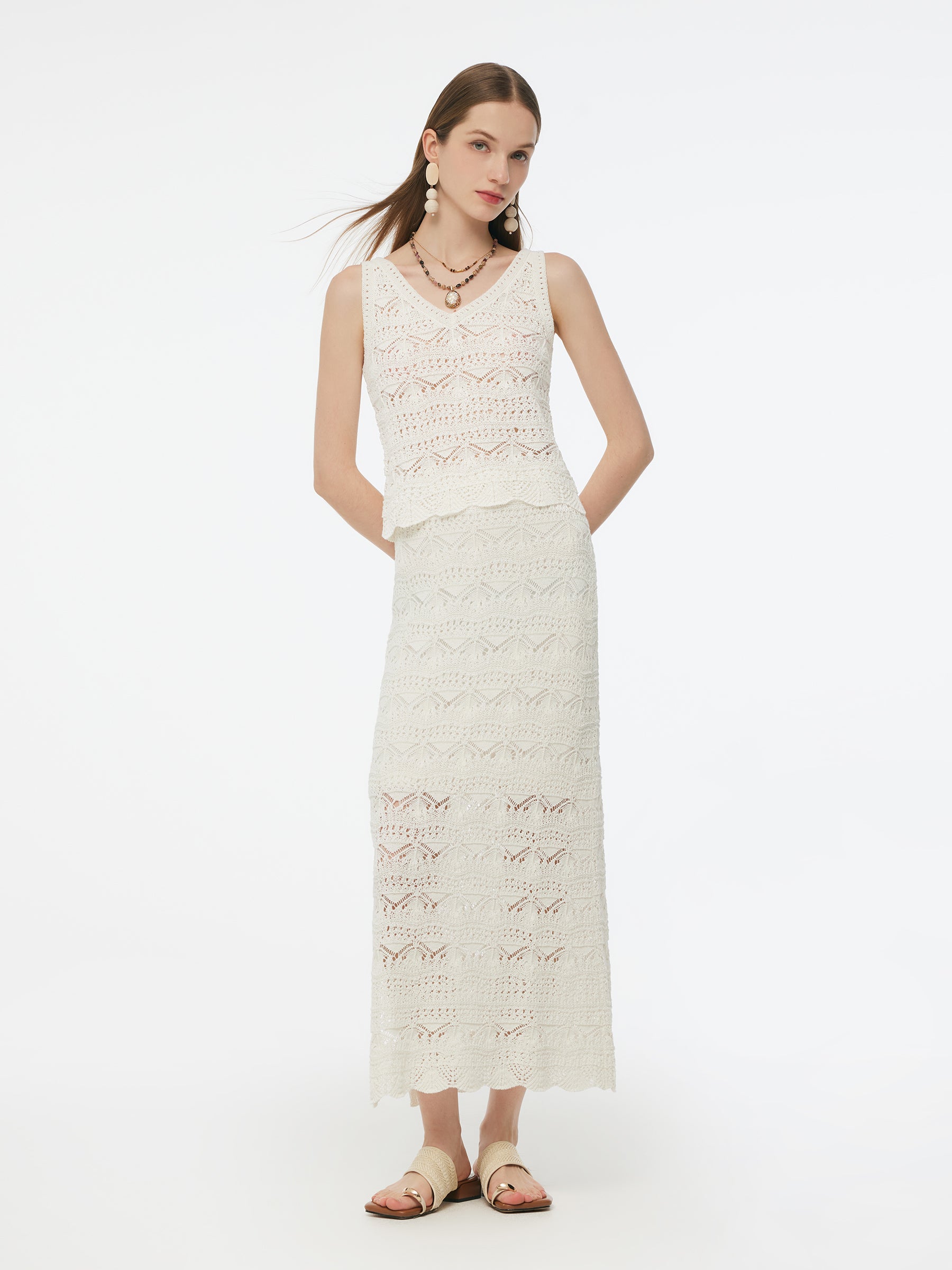 Linen Cotton Blend Women Side Slit Openwork Skirt GOELIA