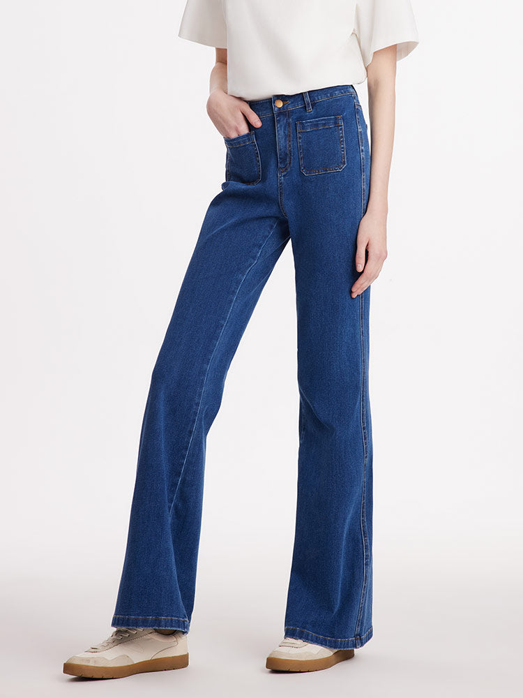 Denim Flared Women Jeans With Patch Pockets GOELIA