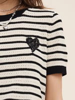 100% Cotton Stripe Women Openwork Knit T-Shirt GOELIA