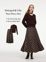 V-Neck Knit Top And Plaid Skirt Two-Piece Set With Ribbon GOELIA