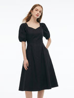 Cotton Blend Square Neck Women Puff Sleeve Midi Dress GOELIA