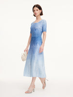 Blue And White Gradient Women Pleated Maxi Dress GOELIA