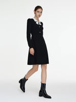 Pre-Order Tencel Wool Blend Color Block Collar Women Knit Mini Dress GOELIA