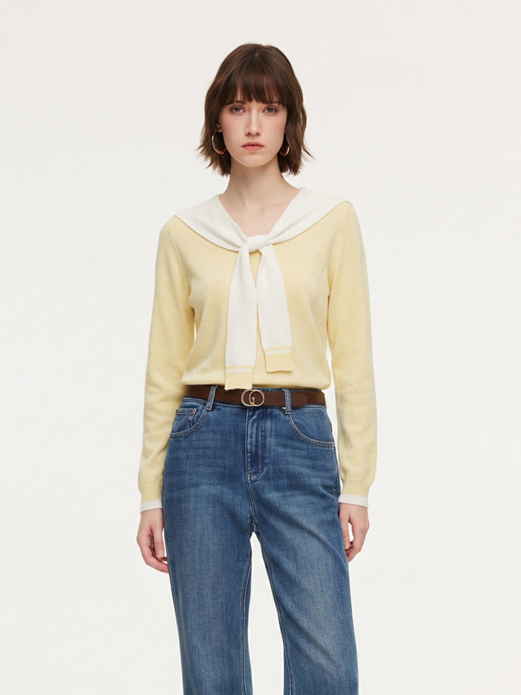 Lyocell Wool Blend V-Neck Women Cardigan With Detachable Sailor Collar GOELIA