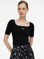 [Preview] Lyocell Blend Bowknot Embroidered Women Square Neck Knit Top GOELIA