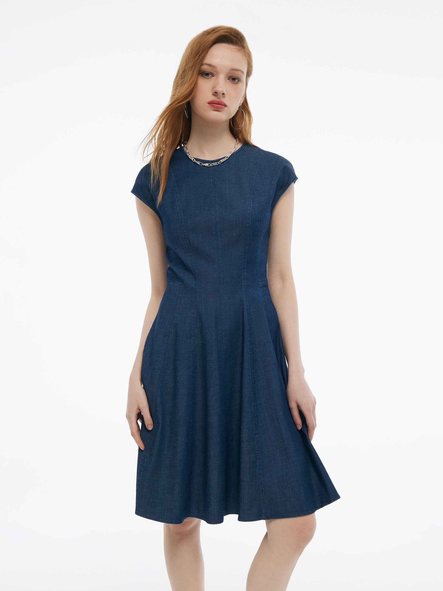 Denim Cap Sleeve Women Midi Dress GOELIA