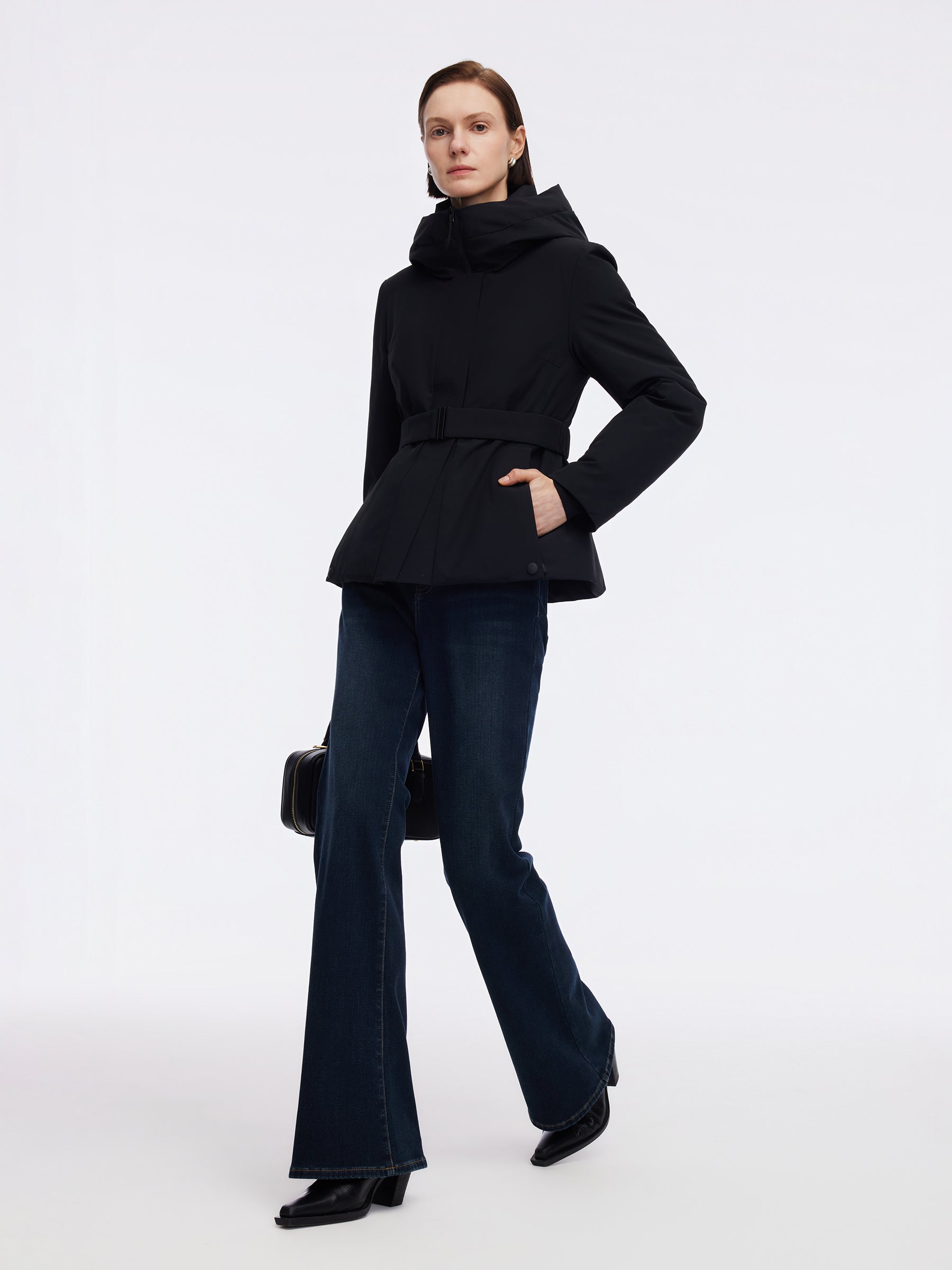 Gathered Waist Hooded Goose Down Jacket With Belt GOELIA